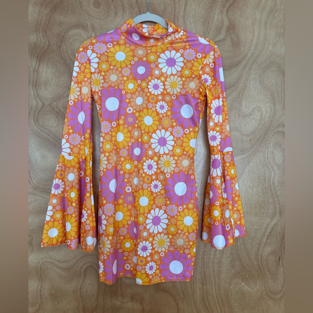 Retro Floral Mock-Neck Mini Dress in Orange